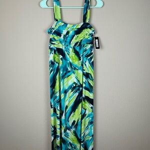 NWT I.N. Studio Blue/Green/Navy Abstract Tropical Maxi A-Line Dress; Size 12